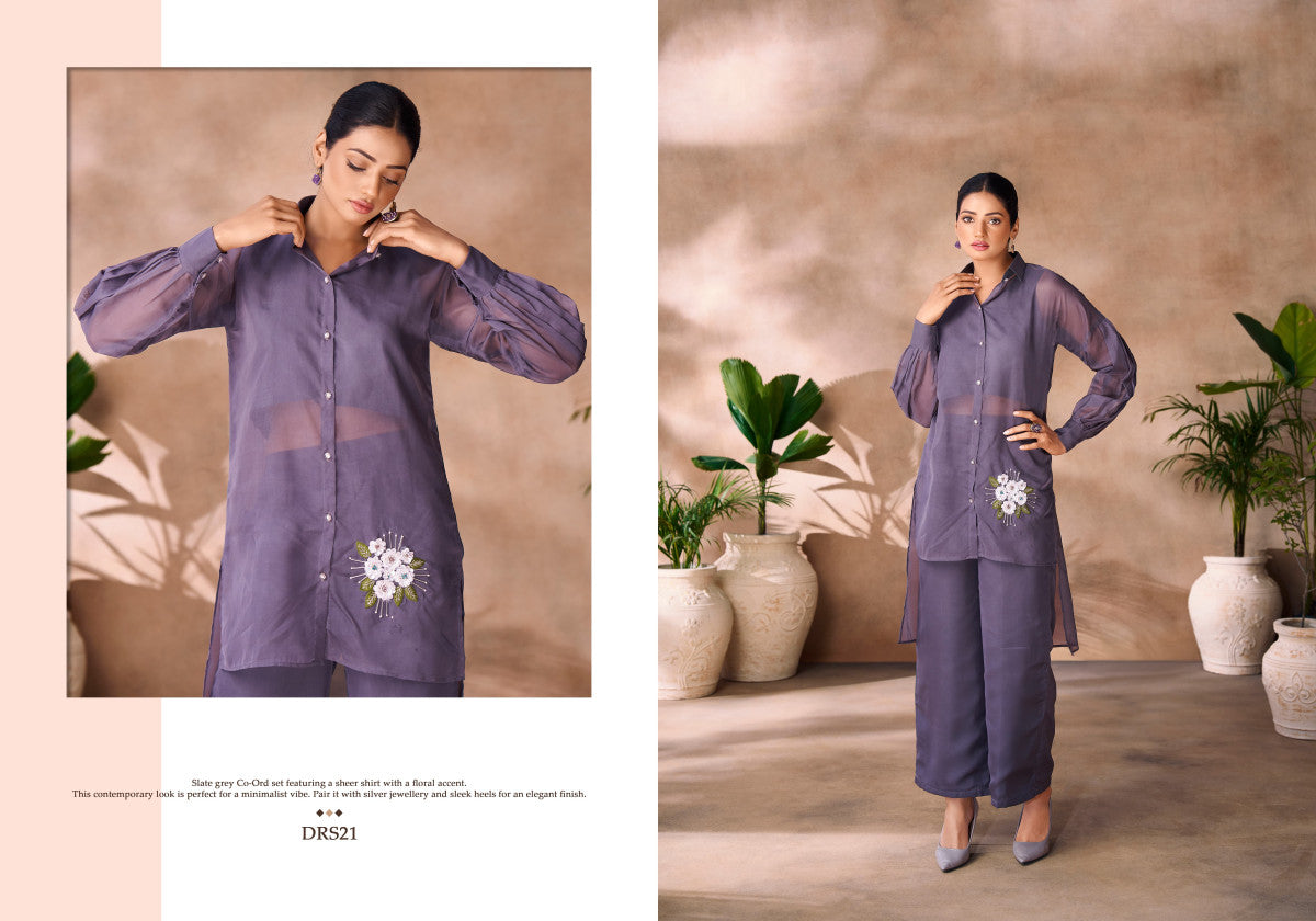 Image of Dark Grey Organza Co-Ord Set with Handwork Detailing from Lehera Fashions
