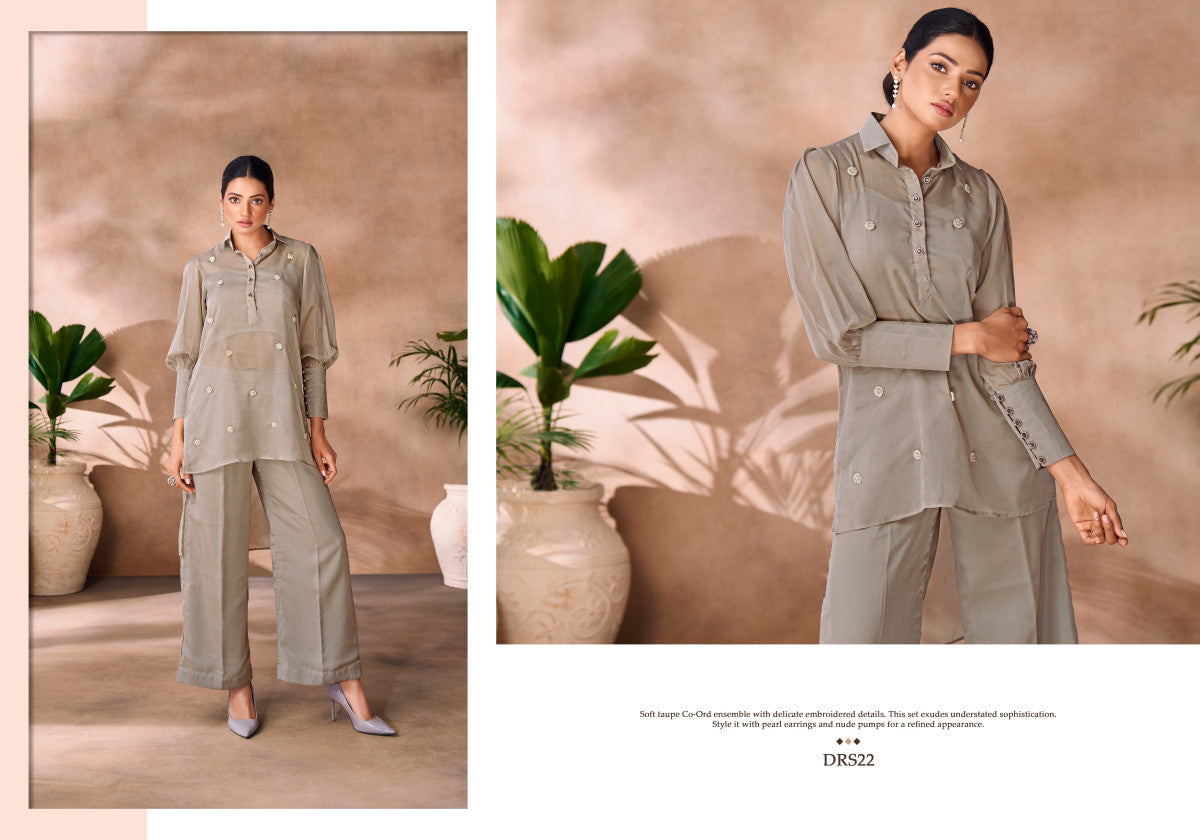 Image of Soft Taupe Embroidered Organza Co-Ord Set from Lehera Fashions