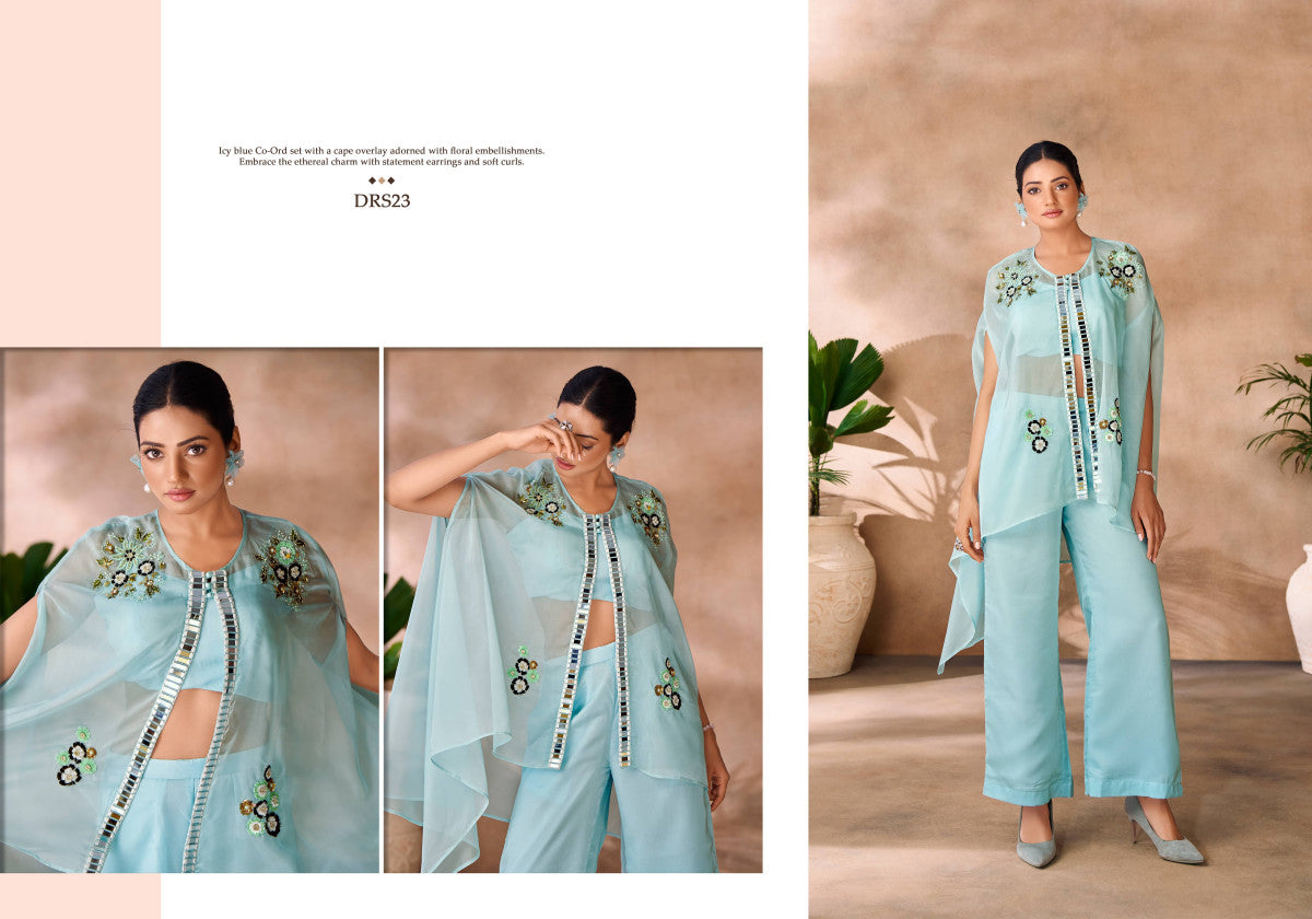 Image of Aqua Blue Cape Overlay Co-Ord Set with Floral Embellishments from Lehera Fashions