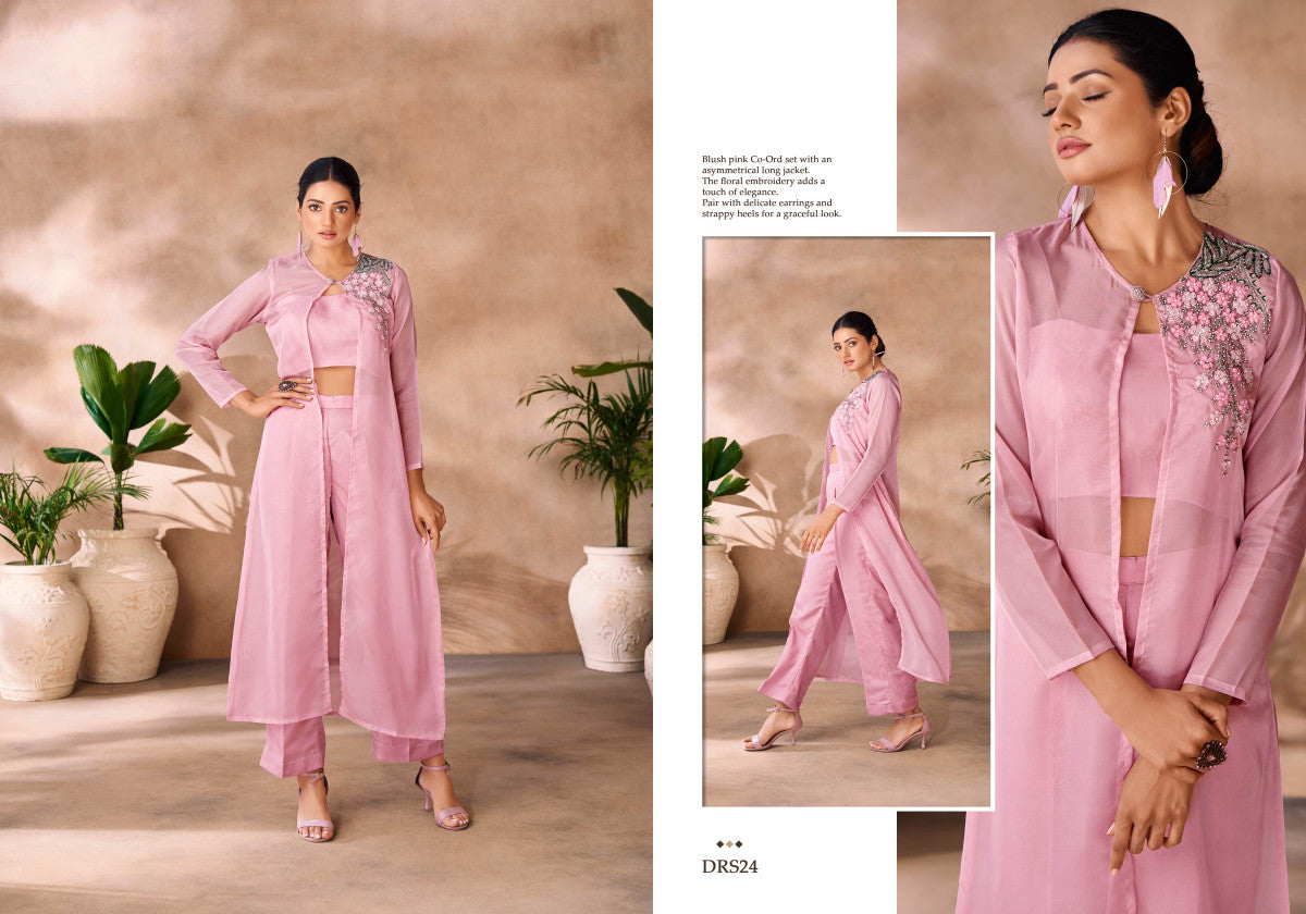 Image of Baby Pink Asymmetrical Jacket Co-Ord Set with Floral Embroidery from Lehera Fashions