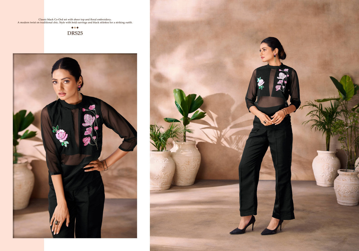 Image of Classic Black Co-Ord Set with Sheer Top & Floral Embroidery from Lehera Fashions