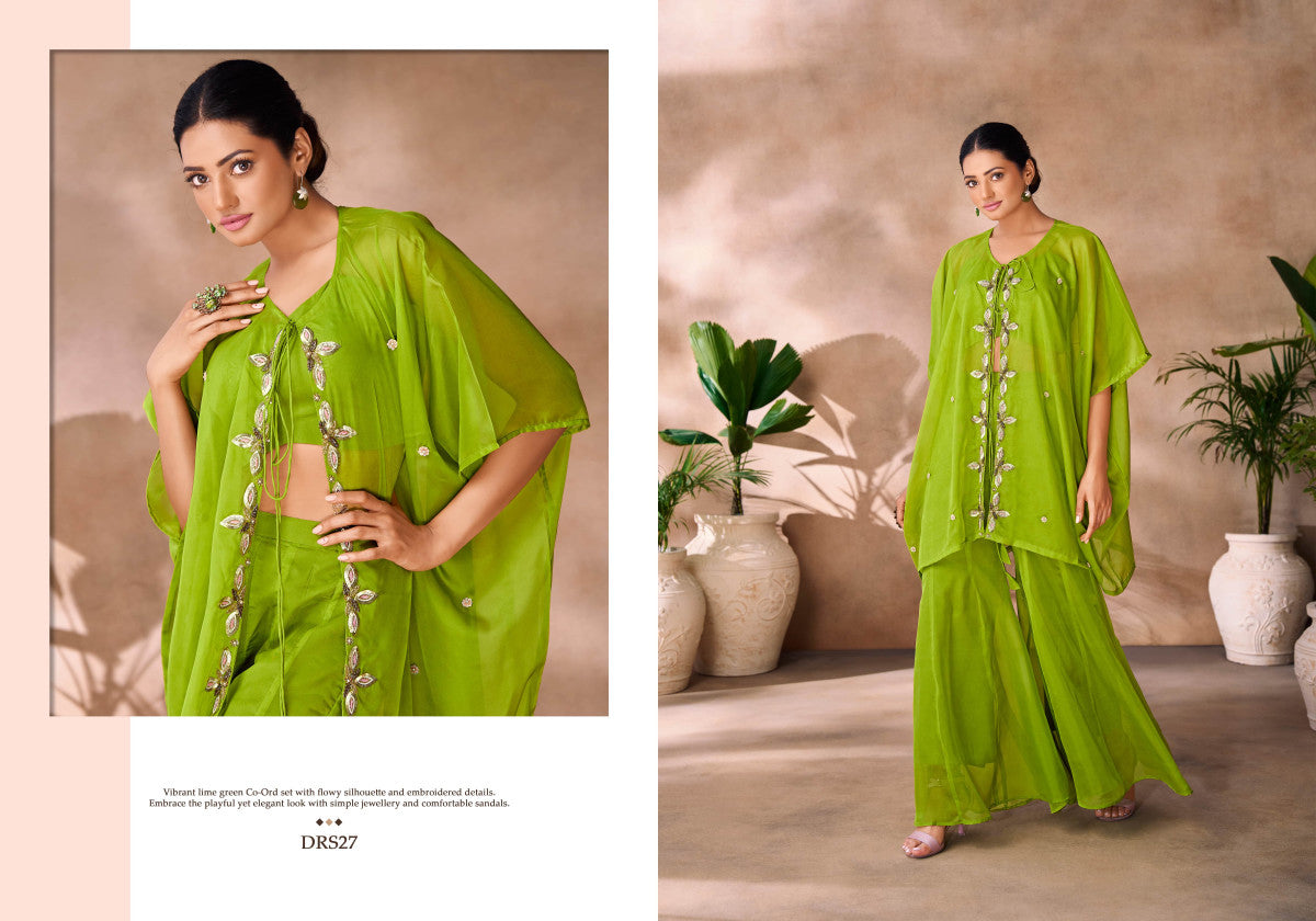 Image of Parrot Green Organza Co-Ord Set with Embroidered Details from Lehera Fashions