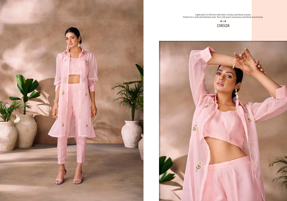 Image of Elegant Light Pink Co-Ord Set with Sheer Overlay and Floral Accents from Lehera Fashions