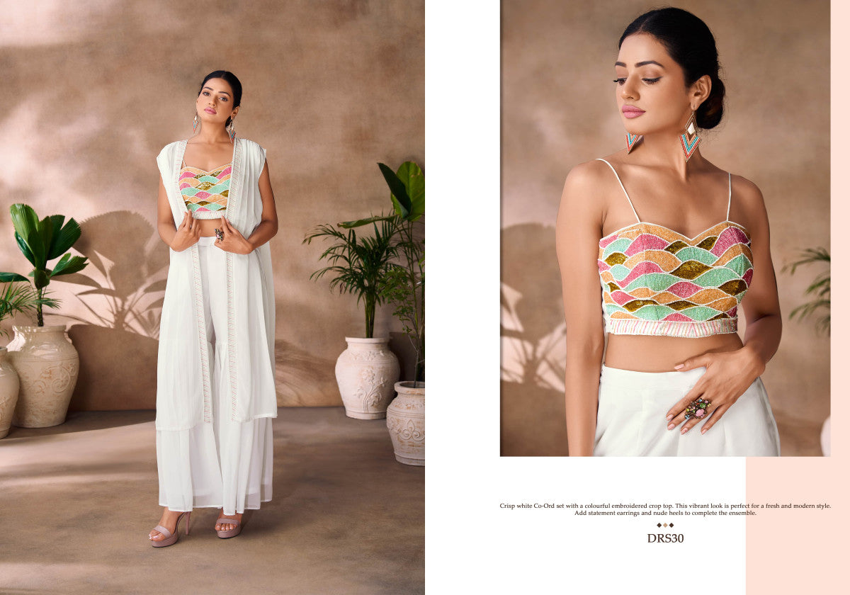 Image of Elegant White Co-Ord Set with Vibrant Embroidered Crop Top from Lehera Fashions
