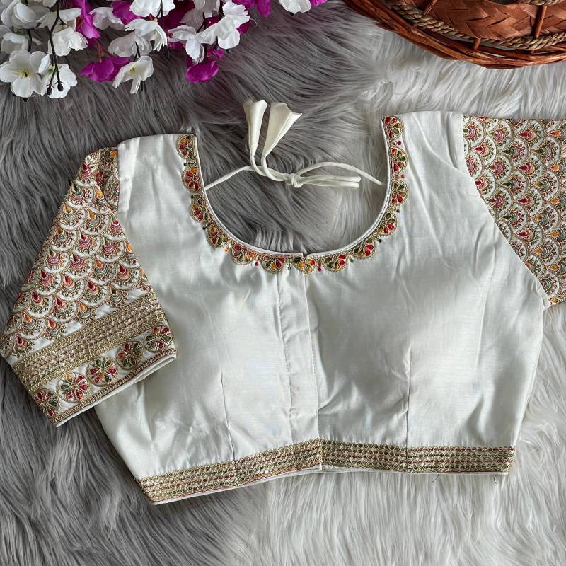 Image of Elegant Off-White Embroidered Blouse – Designer Ethnic Wear for Sarees & Lehengas from Lehera Fashions