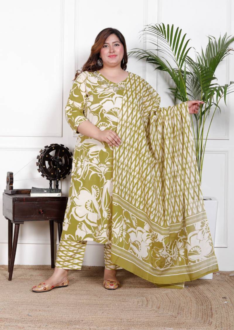 Image of Elegant Printed Cotton Kurti Set with Dupatta – Olive Green & White Floral from Lehera Fashions