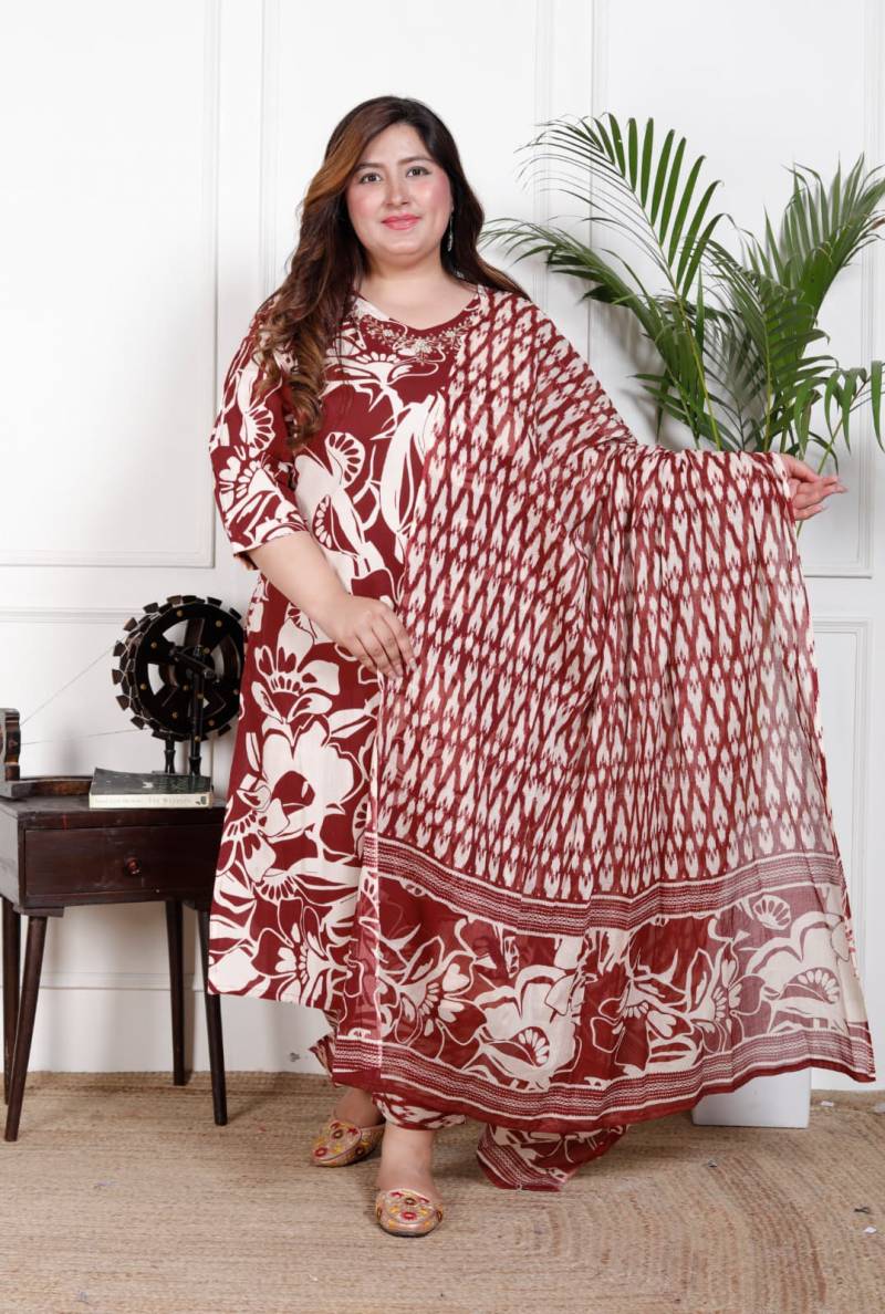 Image of Elegant Maroon & White Floral Cotton Kurti Set with Dupatta from Lehera Fashions