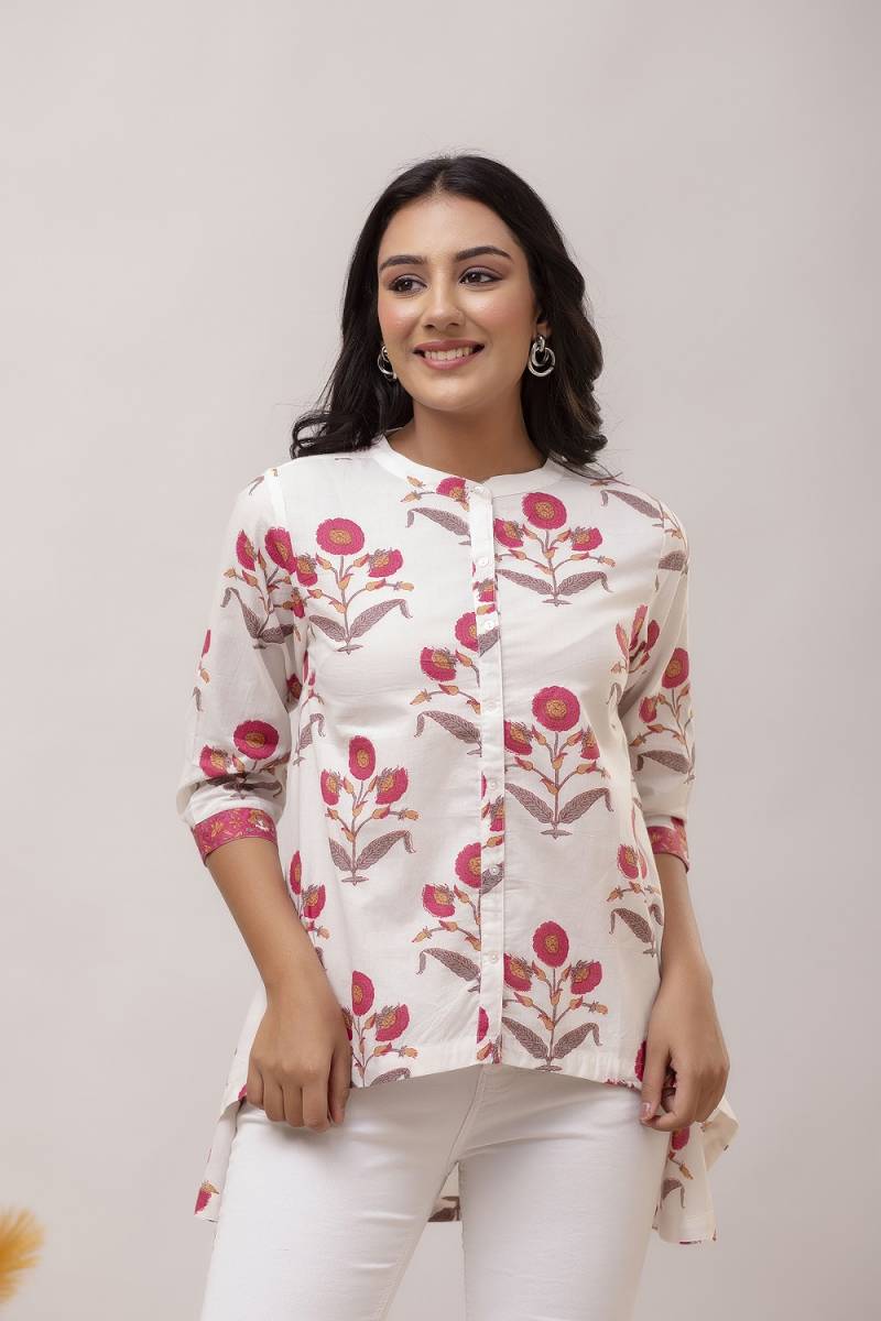 Image of Cotton Printed High-Low Hem Floral Top for Women – White & Pink from Lehera Fashions