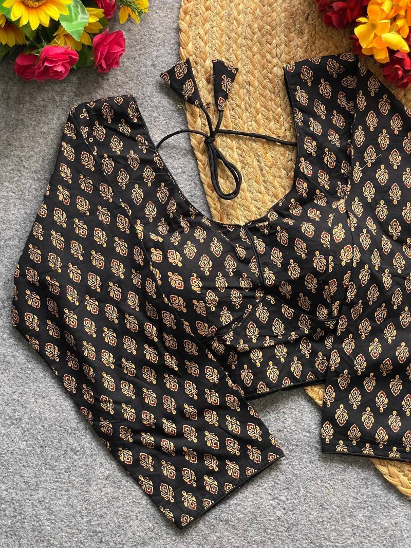 Image of Fab Ajrakh 2 – Cotton Ajrakh Print Blouse with Long Sleeves (Size 40, Alterable to 42) from Lehera Fashions
