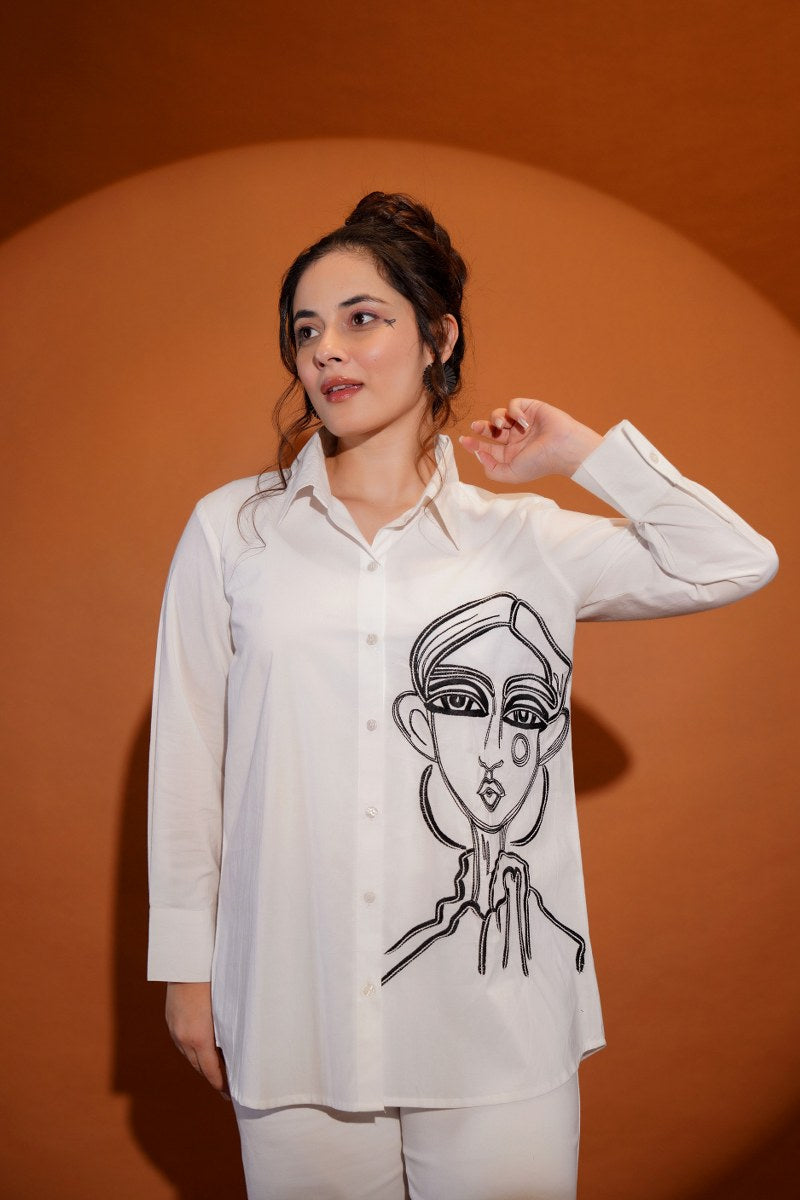 Image of Cotton White Shirt with Artistic Face Print – Women's Stylish Long Top from Lehera Fashions