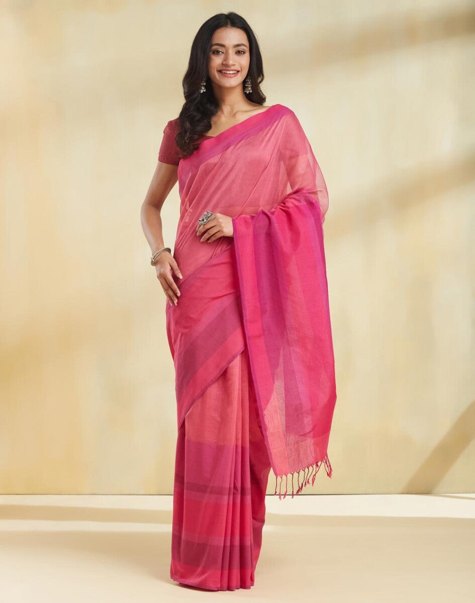 Image of Pink Cotton Hand Woven Sari from Lehera Fashions