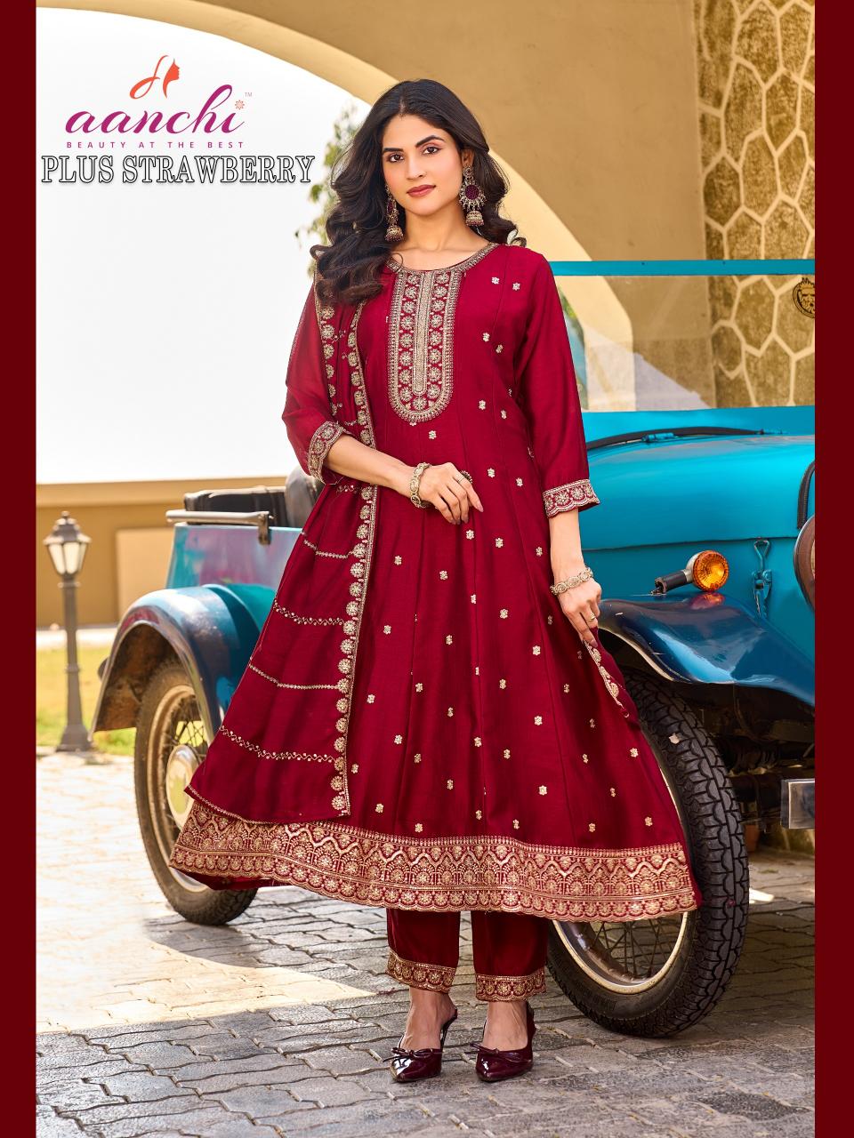 Aanchi Plus Strawberry Designer Vichitra Silk Kurti Set with Dupatta