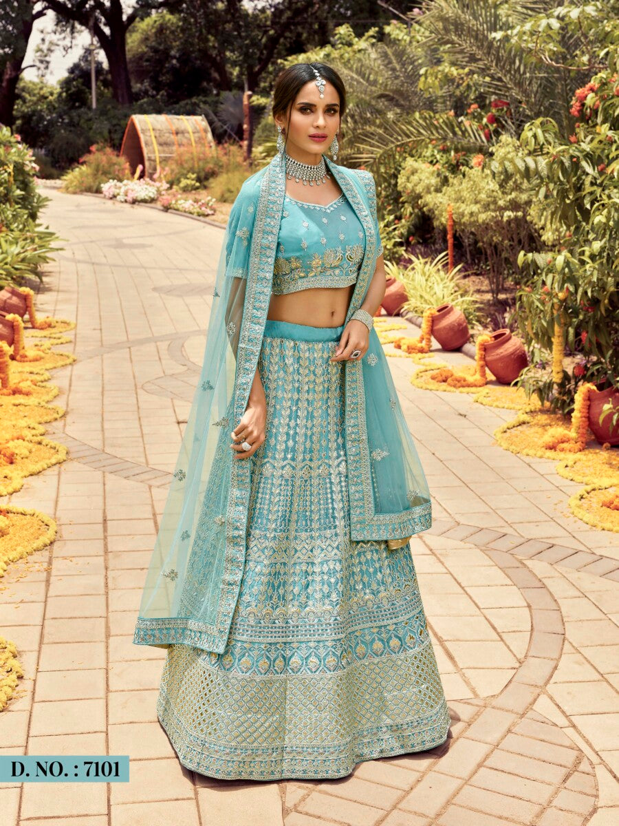 Image of Resham Organza Turquoise Lehenga Choli from Lehera Fashions