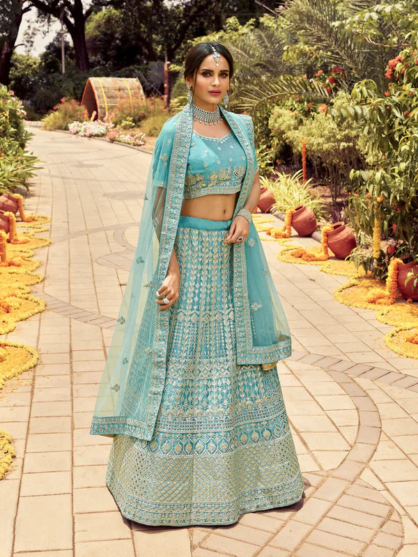 Image of Bluish Green Organza Zarkan Embroidery Lehenga from Lehera Fashions