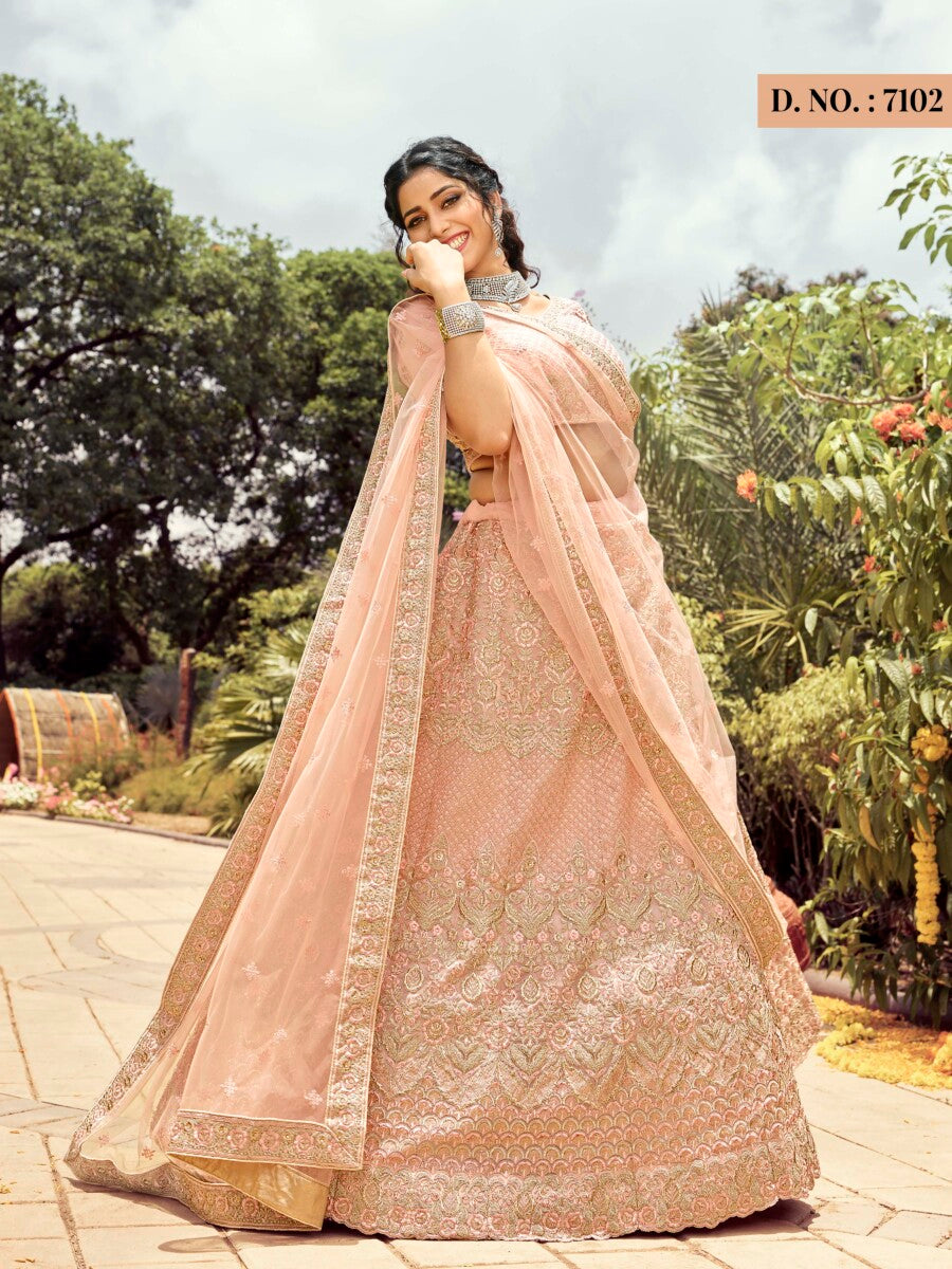 Image of Peach Organza Bridal Wear Resham Work Lehenga Choli from Lehera Fashions