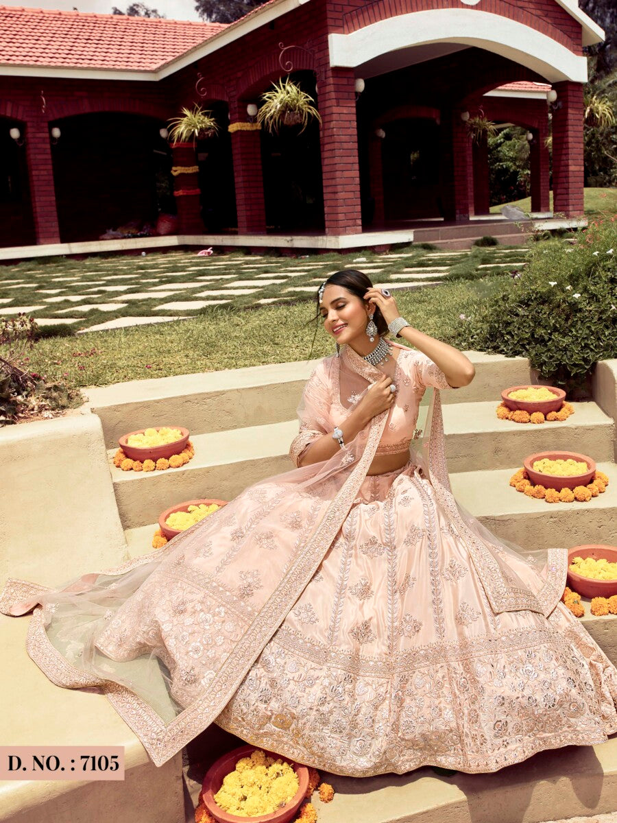Image of Dori Work Embroidered Crepe Light Peach Wedding Lehenga from Lehera Fashions