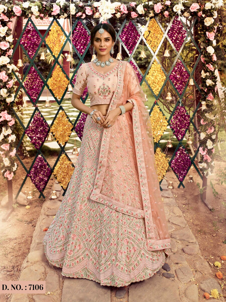 Image of FUSIONIC Peach Lehenga Choli With Heavy Thread and Zari Work from Lehera Fashions
