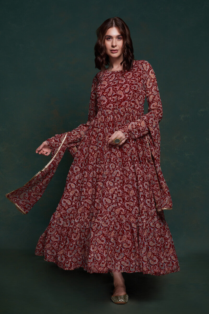 Image of Maroon Wedding Wear Georgette Paisley Print Gown from Lehera Fashions