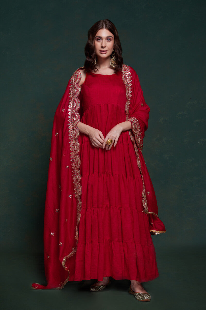 Image of Fusionic Shoulder Straps Tiered Ruffled Georgette Flared Maxi Ethnic Dress with Dupatta from Lehera Fashions