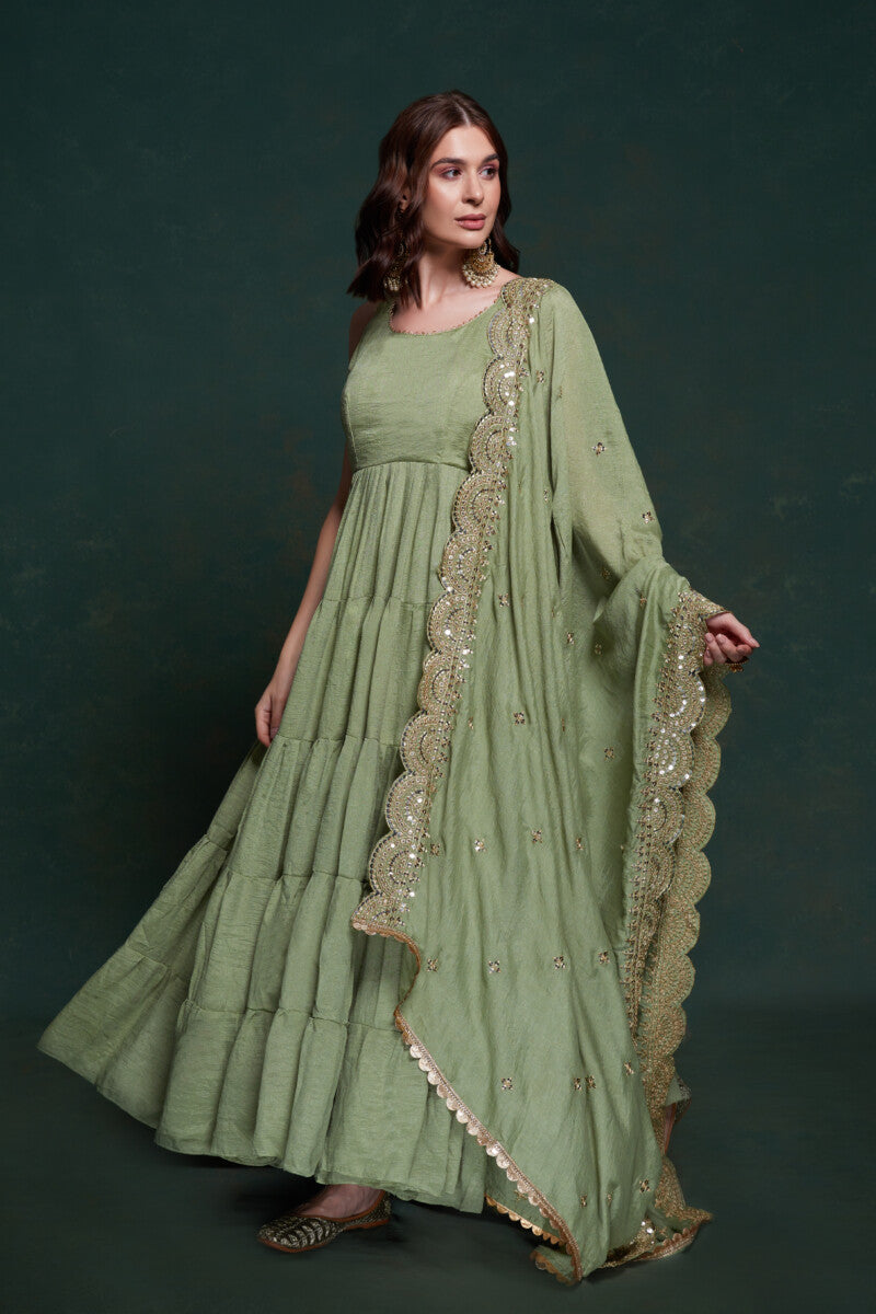 Image of Odette Olive Printed Georgette Stitched Gown from Lehera Fashions