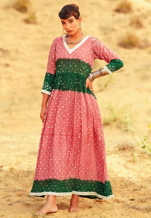 Image of Bandhej Printed Pure Cotton Maxi Dress in Pink and Green from Lehera Fashions