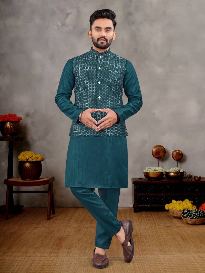 Image of Banglori Silk Men's Kurta Pajama with Jacket from Lehera Fashions