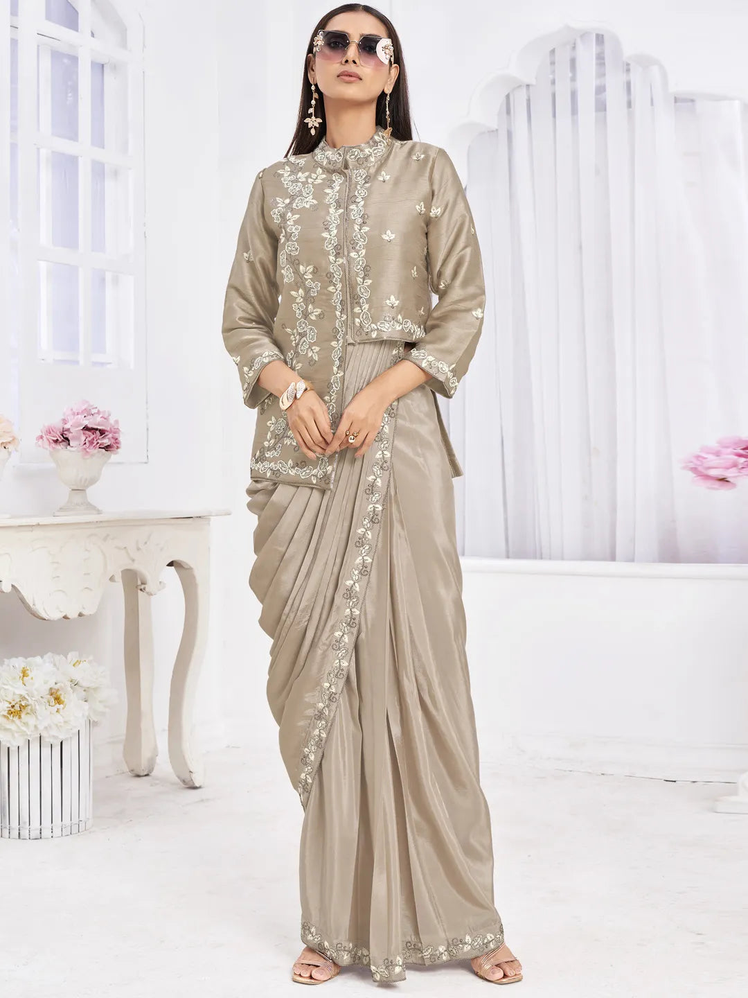 Image of Beige & Brown Tussar Silk Readymade Saree with Embroidery & Bugle Beads from Lehera Fashions