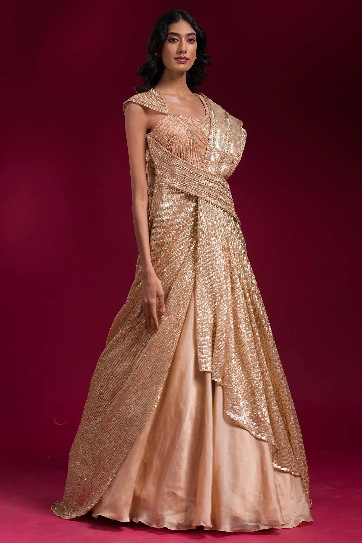 Image of Beige Cream Sequins Embroidered Net Indowestern Gown from Lehera Fashions