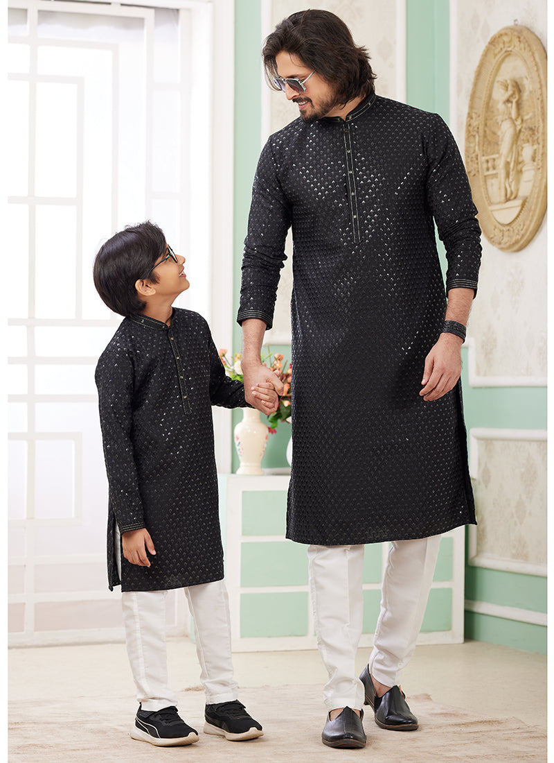Image of Black Art Silk Father-Son Kurta Set – Festival Wear with Thread Work | Leherafashions NZ from Lehera Fashions