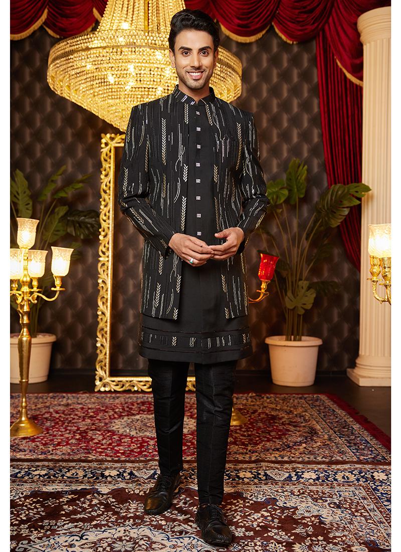 Image of Black Art Silk Readymade Indo Western Sherwani – Classic Wedding Attire from Lehera Fashions