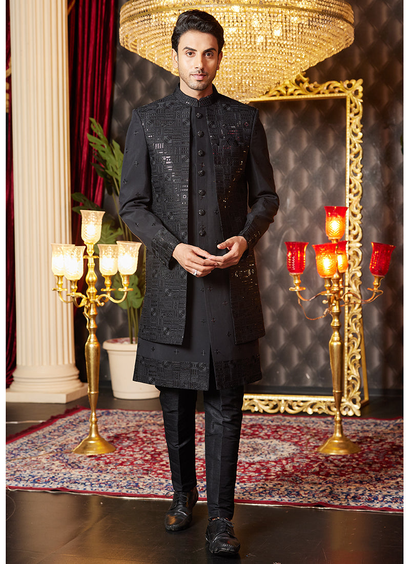 Image of Black Art Silk Readymade Indo Western Sherwani – Royal Ethnic Attire from Lehera Fashions