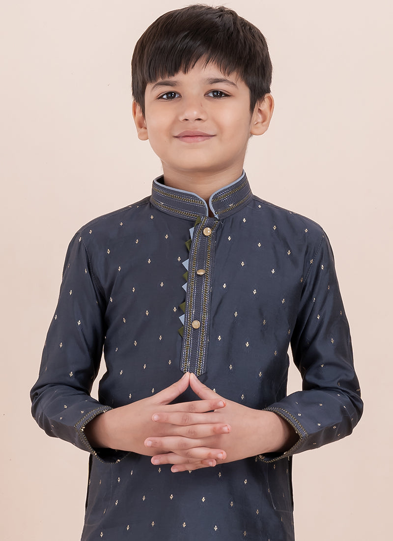 Image of Black-Cotton  -Festival Wear-Jacquard Work-readymade Kids Kurta Pajama-957 (2) from Lehera Fashions