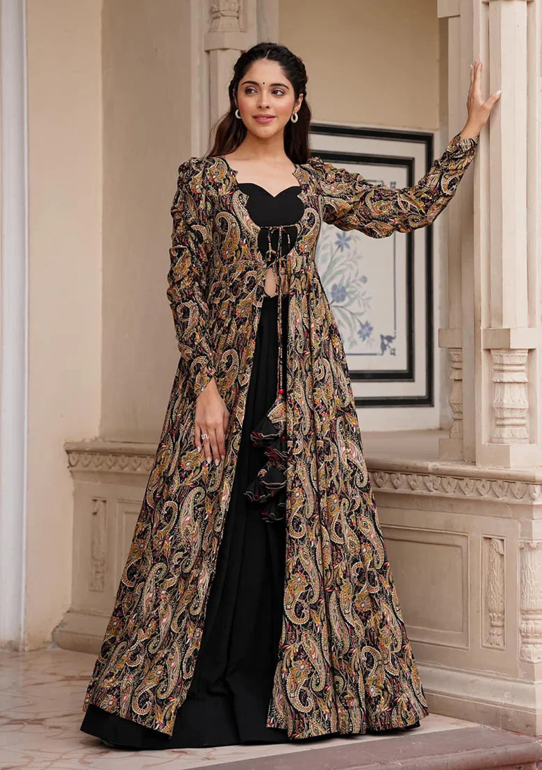 Image of Black Digital Print Faux Georgette Jacket Set from Lehera Fashions