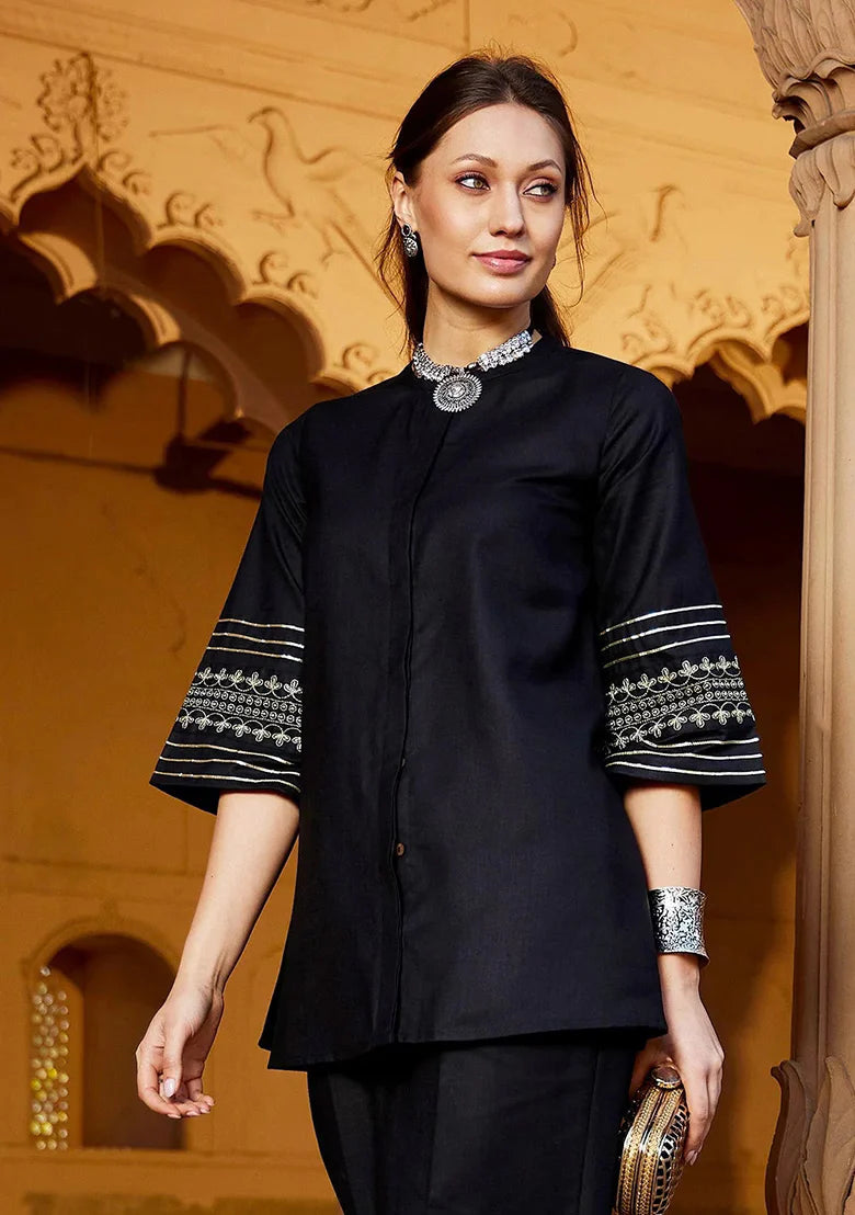 Image of Black Embroidered Poly Viscose Co-Ord Set from Lehera Fashions