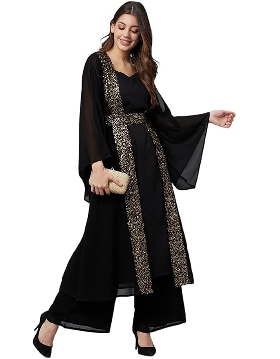 Image of Black & Golden Embellished Long Dress with Palazzos from Lehera Fashions