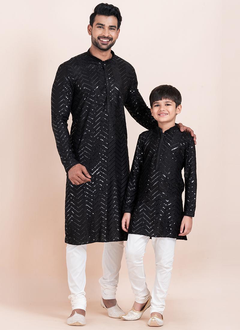 Image of Black Viscose Rayon Father-Son Combo Set – Eid Wear with Sequins Work | Leherafashions NZ from Lehera Fashions