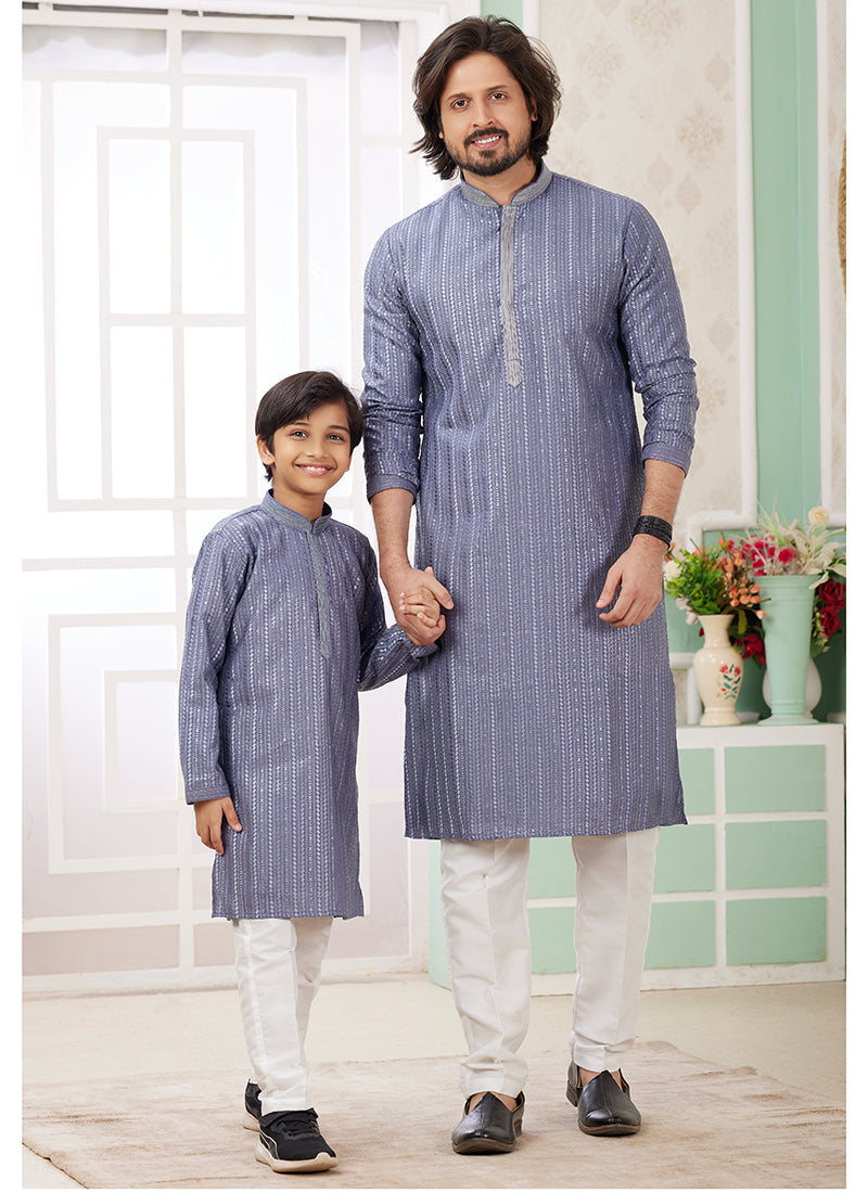 Image of Blue Art Silk Father-Son Kurta Set – Festival Wear with Thread Work | Leherafashions NZ from Lehera Fashions