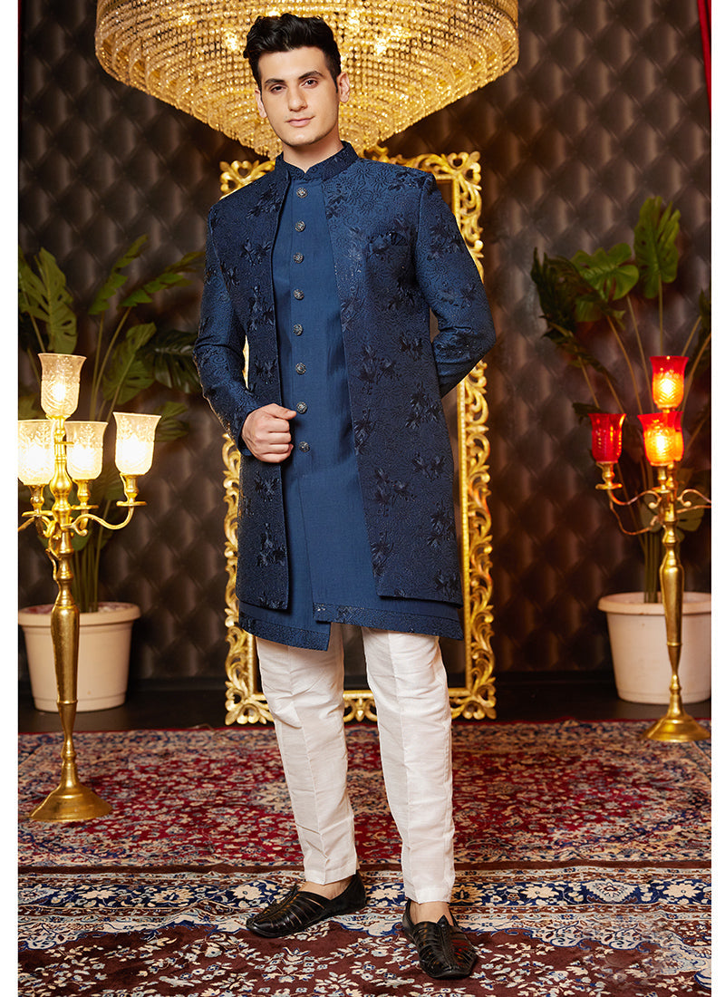 Image of Art Silk Readymade Indo Western Sherwani – Royal Blue Elegance from Lehera Fashions