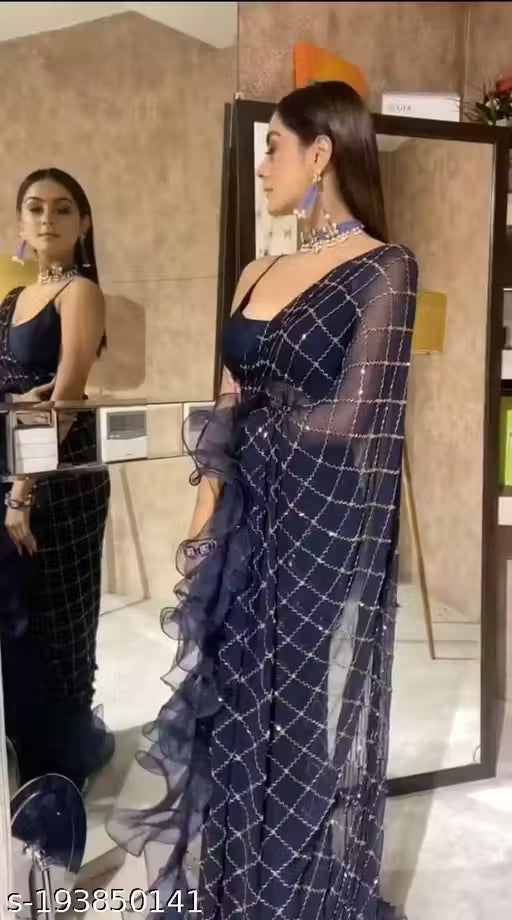 Blue Net Embroidered Saree with Blouse