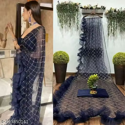 Blue Net Embroidered Saree with Blouse