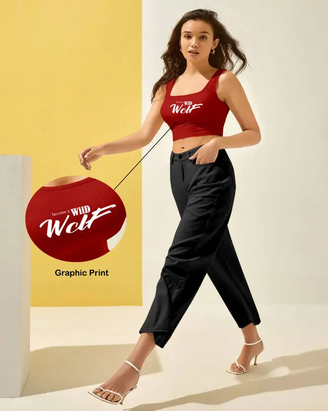 Bold Red Cotton-Blend Crop Top for Women