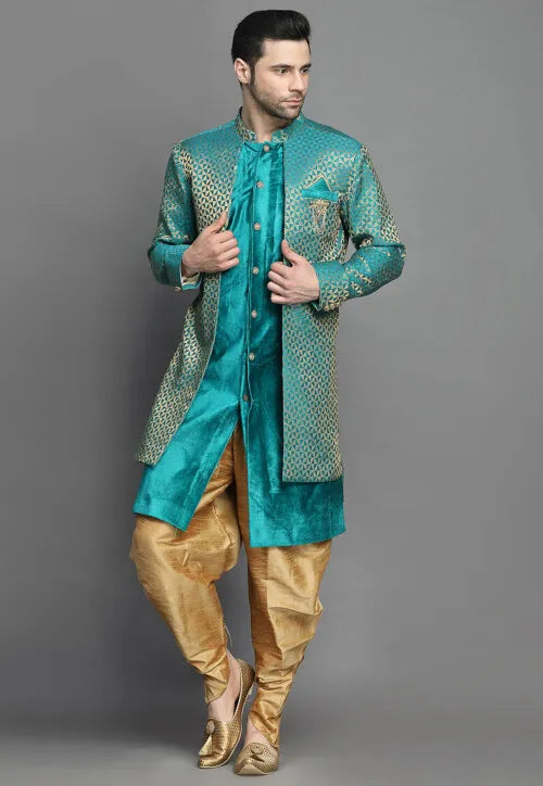 Image of Brocade Layered Sherwani in Teal Blue from Lehera Fashions