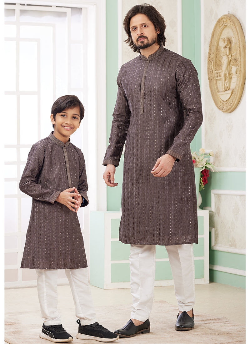 Image of Brown Art Silk Father-Son Kurta Set – Festival Wear with Thread Work | Leherafashions NZ from Lehera Fashions