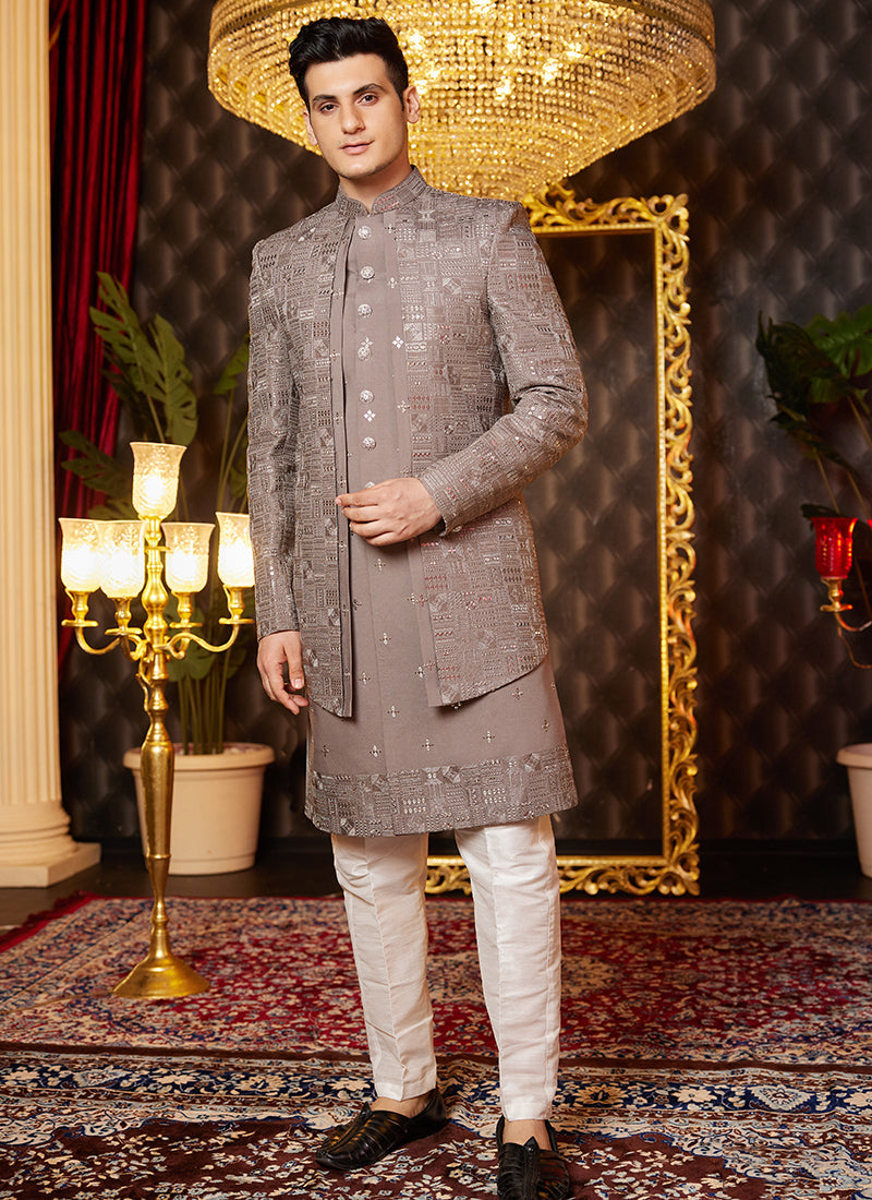 Image of Brown Art Silk Readymade Indo Western Sherwani – Sophisticated Wedding Wear from Lehera Fashions