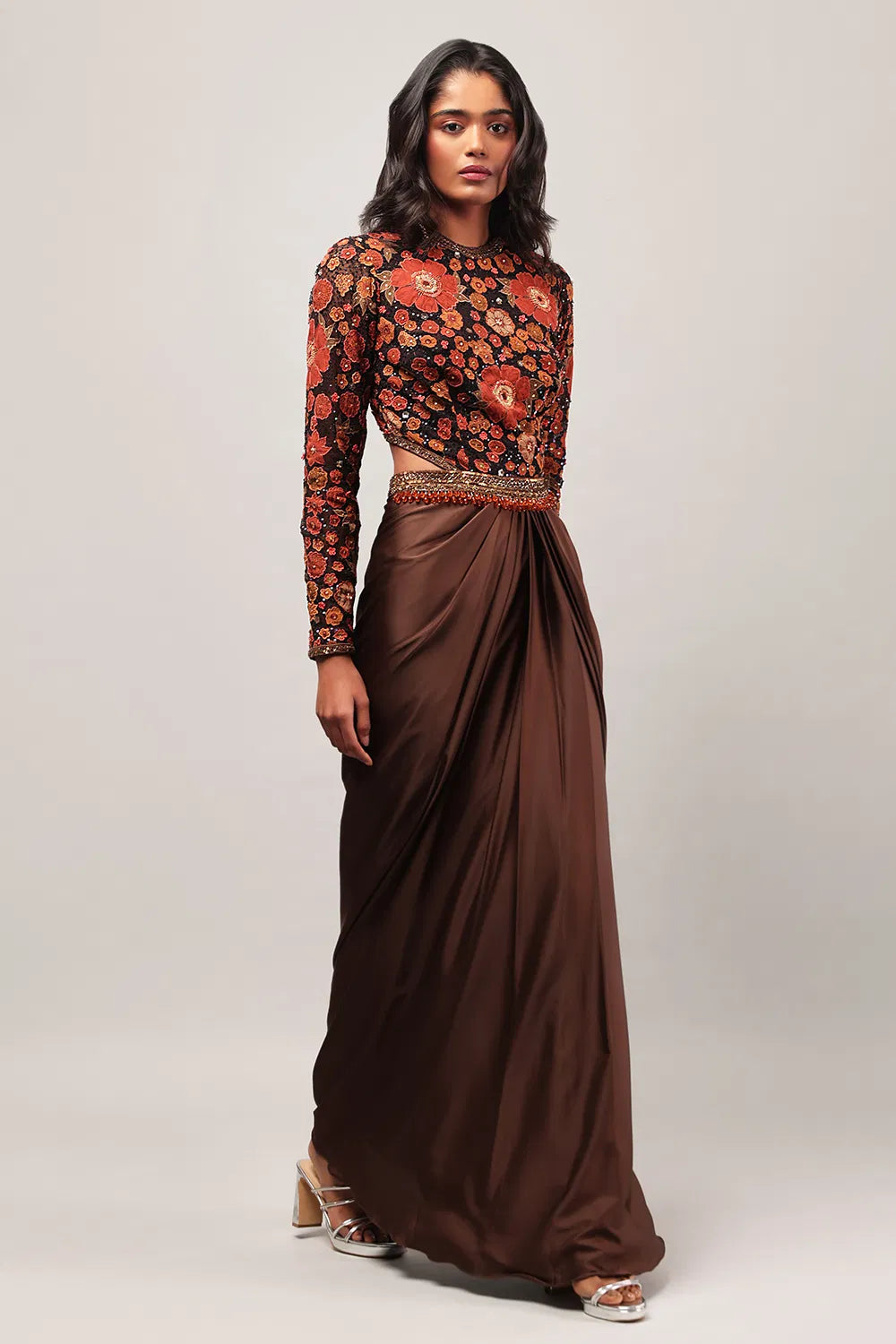 Image of Brown Draped Cut-Out Gown with Contrast Orange Floral Embroidered Bodice & Micro Sequin Details from Lehera Fashions