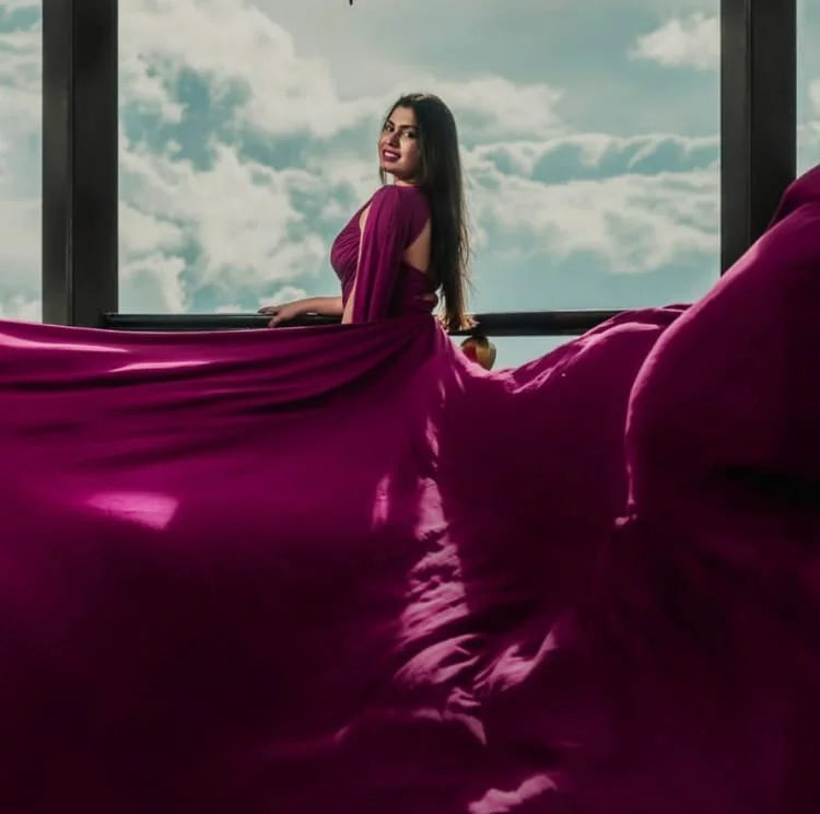 Image of Burgundy One-Shoulder Mega Trail Gown - Pre Wedding Dress from Lehera Fashions