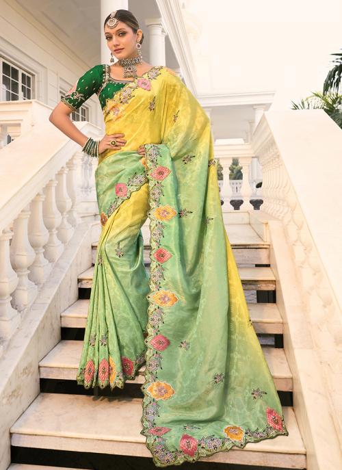 Image of Charming Lemon Pure Crepe Cut Dana Work Wedding Saree from Lehera Fashions