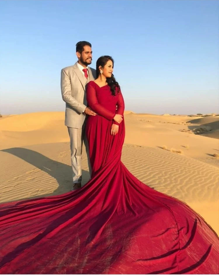 Image of Cherry Red Full Sleeves Mega Trail Prewedding Gown from Lehera Fashions