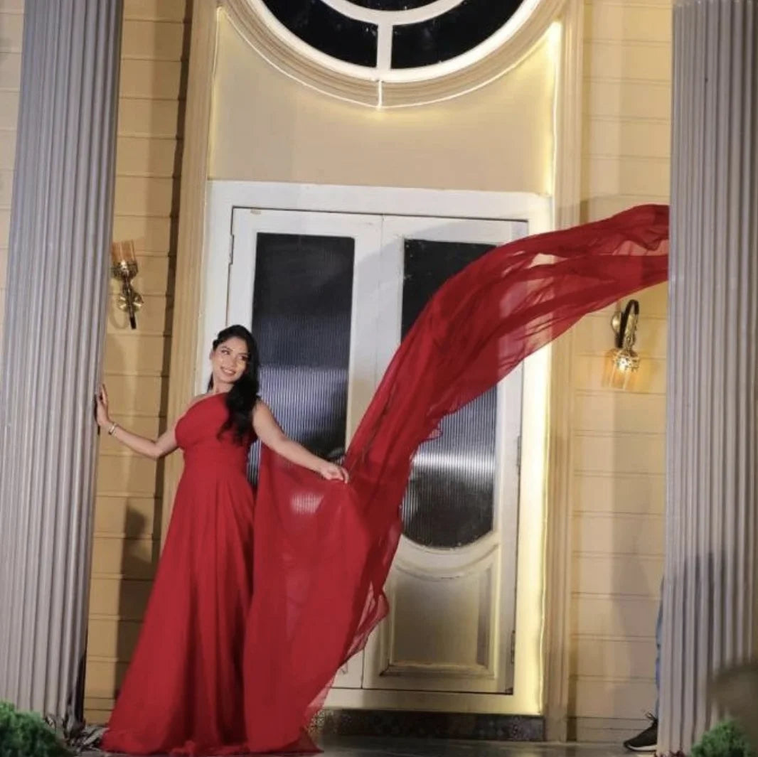 Image of Cherry Red Prewedding One Shoulder Mega Trail Gown from Lehera Fashions