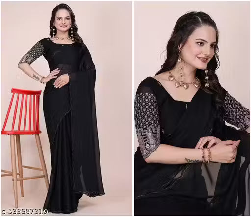 Chiffon Saree with Embroidered Blouse - Black